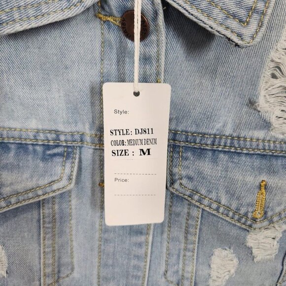 Daisy Distressed Cropped Jean Jacket in Medium Denim Wash - Size Medium - Picture 8 of 8